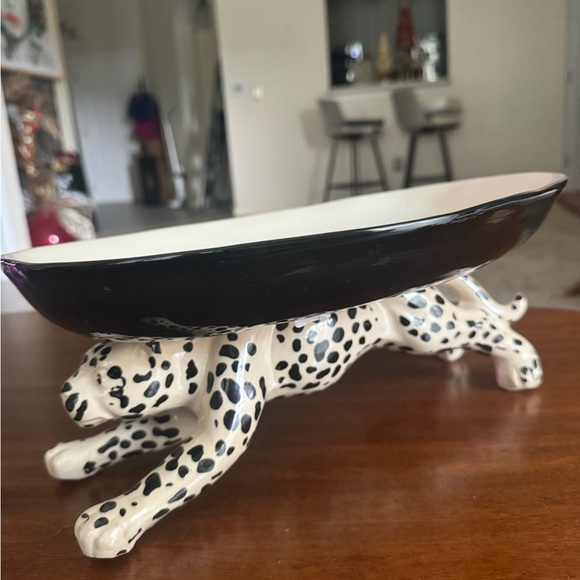 Pier 1 Spotted Cheetah Ceramic Serving Bowl Centerpiece Dish Black Cream Stand - Picture 2 of 11